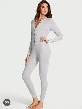 Aerie Rib Knit Long-Sleeve Henley Jumpsuit — Light Gray